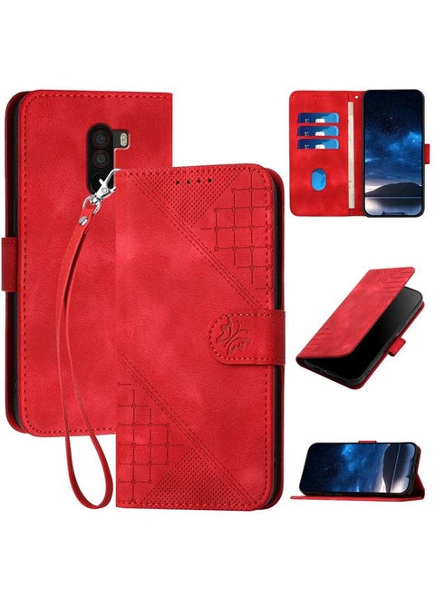 For Xiaomi Pocophone F1 YX0080 Grid Butterfly Embossed Pattern Flip Leather Phone Case with Lanyard(Red)