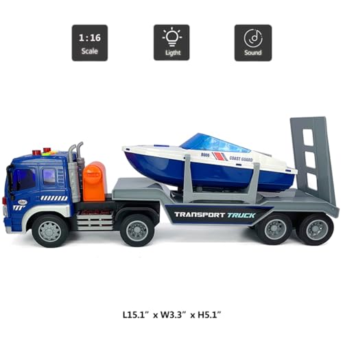 VIIGER Large Flatbed Truck Toy with Trailer Speedboat Semi Tow Truck Flatbed Transport Boat Toy Vehicle 2 in 1 Playset Light Sound Toy Trucks for Boys 3 4 5 6 7 Years Old Kids Toddlers Birthday Gifts blue - Image 5