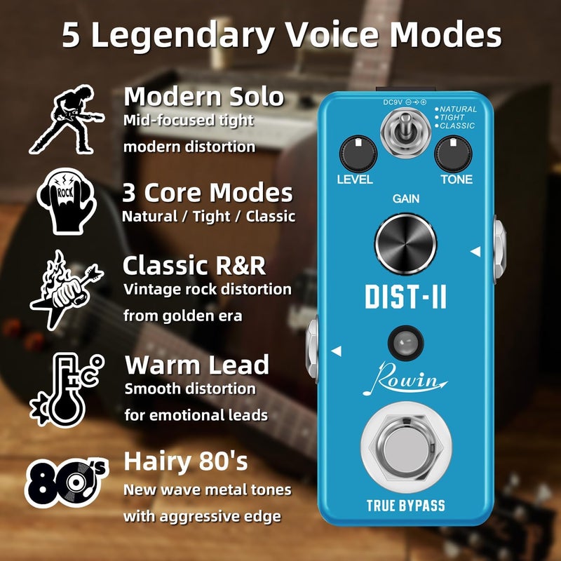 Rowin Distortion Guitar Effect Pedal Mini Analog Solo Distortion Pedal for Electric Guitar True Bypass DC 9V Blue LEF-301B - Image 2