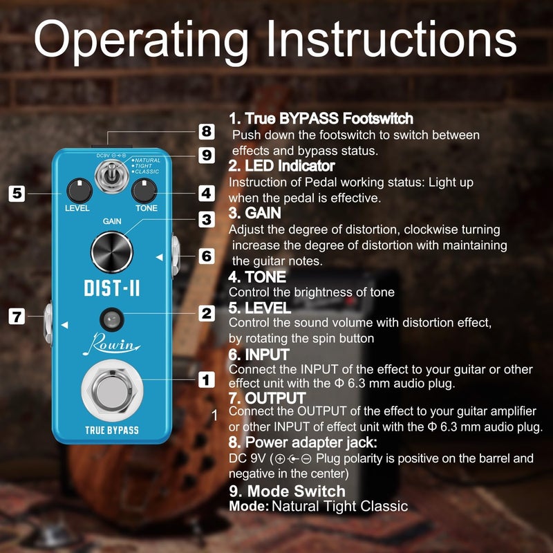 Rowin Distortion Guitar Effect Pedal Mini Analog Solo Distortion Pedal for Electric Guitar True Bypass DC 9V Blue LEF-301B - Image 3
