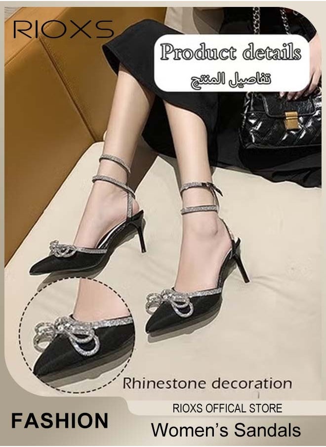 RIOXS Women's Pointed Toe High Heels, Ankle Strap Rhinestone Stilettos Bowknots Sandals, Ladies Heeled Pumps, Prom Dress Shoes For Wedding Party Or Date, Slingback Pumps Stiletto Bridal Shoes  - Image 2