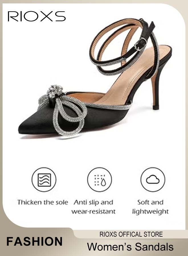 Women's Pointed Toe High Heels, Ankle Strap Rhinestone Stilettos Bowknots Sandals, Ladies Heeled Pumps, Prom Dress Shoes For Wedding Party Or Date, Slingback Pumps Stiletto Bridal Shoes
