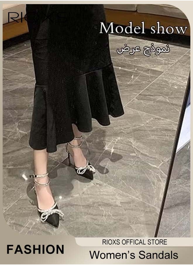 RIOXS Women's Pointed Toe High Heels, Ankle Strap Rhinestone Stilettos Bowknots Sandals, Ladies Heeled Pumps, Prom Dress Shoes For Wedding Party Or Date, Slingback Pumps Stiletto Bridal Shoes  - Image 5