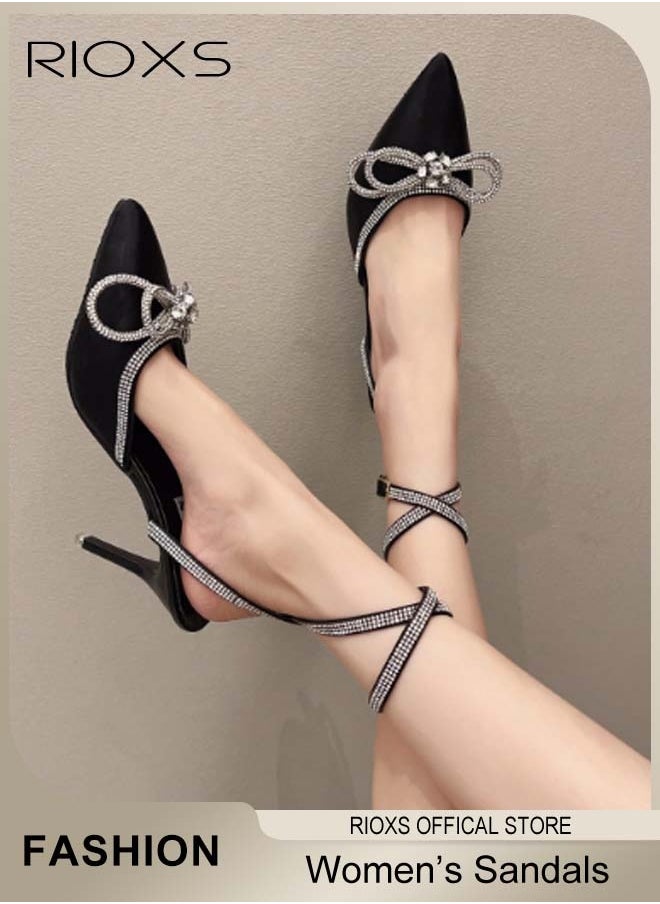 RIOXS Women's Pointed Toe High Heels, Ankle Strap Rhinestone Stilettos Bowknots Sandals, Ladies Heeled Pumps, Prom Dress Shoes For Wedding Party Or Date, Slingback Pumps Stiletto Bridal Shoes  - Image 1