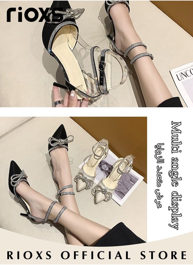 RIOXS Women's Pointed Toe High Heels, Ankle Strap Rhinestone Stilettos Bowknots Sandals, Ladies Heeled Pumps, Prom Dress Shoes For Wedding Party Or Date, Slingback Pumps Stiletto Bridal Shoes  - Image 4