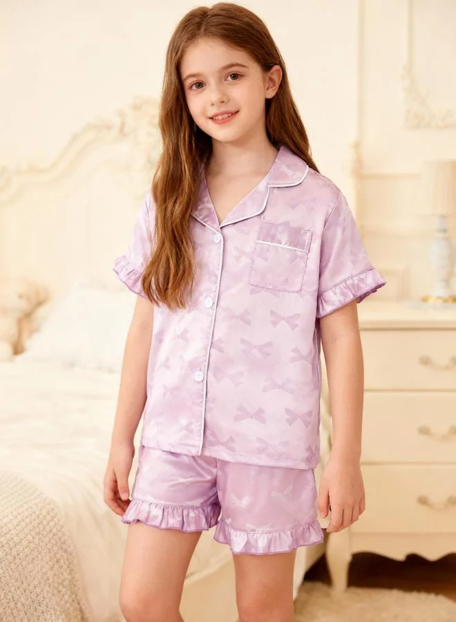 Take Two Girls Bow Print Pocket Detail Shirt and Shorts Pyjama Set