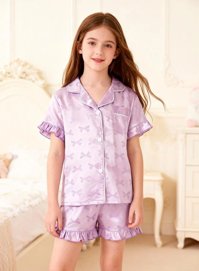 Take Two  Girls Bow Print Pocket Detail Shirt And Shorts Pyjama Set for Women | Best Price UAE