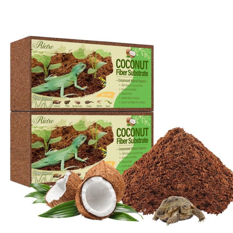 Riare 2 Pack Natural Coconut Fiber Substrate for Reptile- Premium Compressed Coconut Husk Terrarium Bedding for Reptile, Tortoise, Frogs, Snakes Hermit Crabs, Burrowing Animals - Image 1