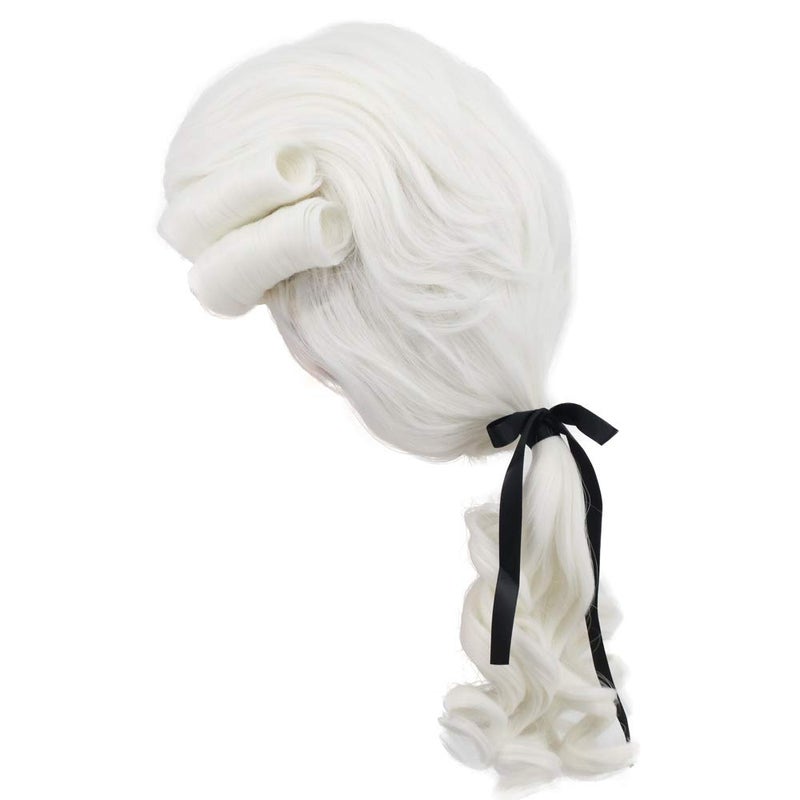 yuehong Long Curly 18th Century Colonial Judge Wig George Washington Cosplay Costume Gentleman Lawyer Heat Resistant Synthetic Fibers Fluffy Durable Breathable Wig White