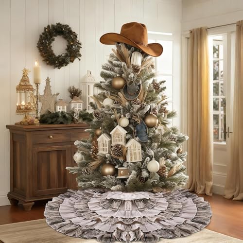 yuboo 48 Inch Western Farmhouse Tree Skirt 6Layer Ruffled Wood Grain Burlap Design Rustic Country Cowboy Holiday Decoration for 675 Ft Trees - Image 3