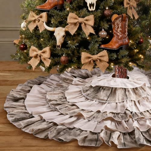 yuboo 48 Inch Western Farmhouse Tree Skirt 6Layer Ruffled Wood Grain Burlap Design Rustic Country Cowboy Holiday Decoration for 675 Ft Trees - Image 1