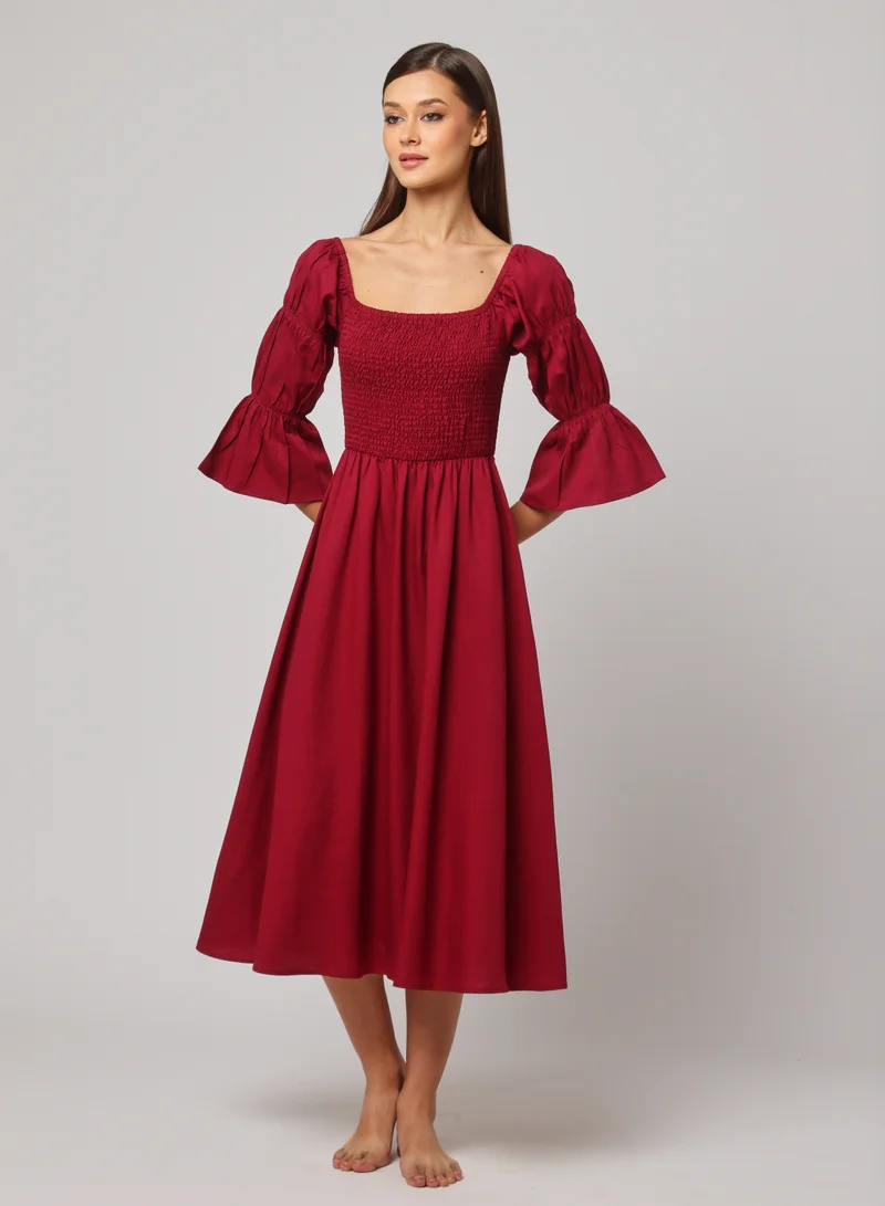 أشيتا فرنانديز Ashita Fernandes Tanha dress for women – Deep Wine Red A-Line Midi Dress with Smocked Bodice & Ruched Sleeves