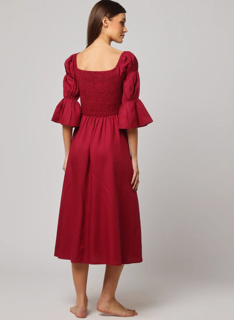 أشيتا فرنانديز Ashita Fernandes Tanha dress for women – Deep Wine Red A-Line Midi Dress with Smocked Bodice & Ruched Sleeves