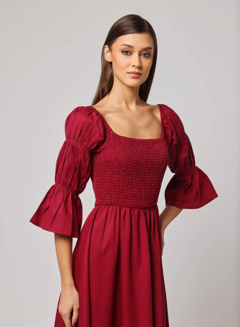 أشيتا فرنانديز Ashita Fernandes Tanha dress for women – Deep Wine Red A-Line Midi Dress with Smocked Bodice &amp; Ruched Sleeves