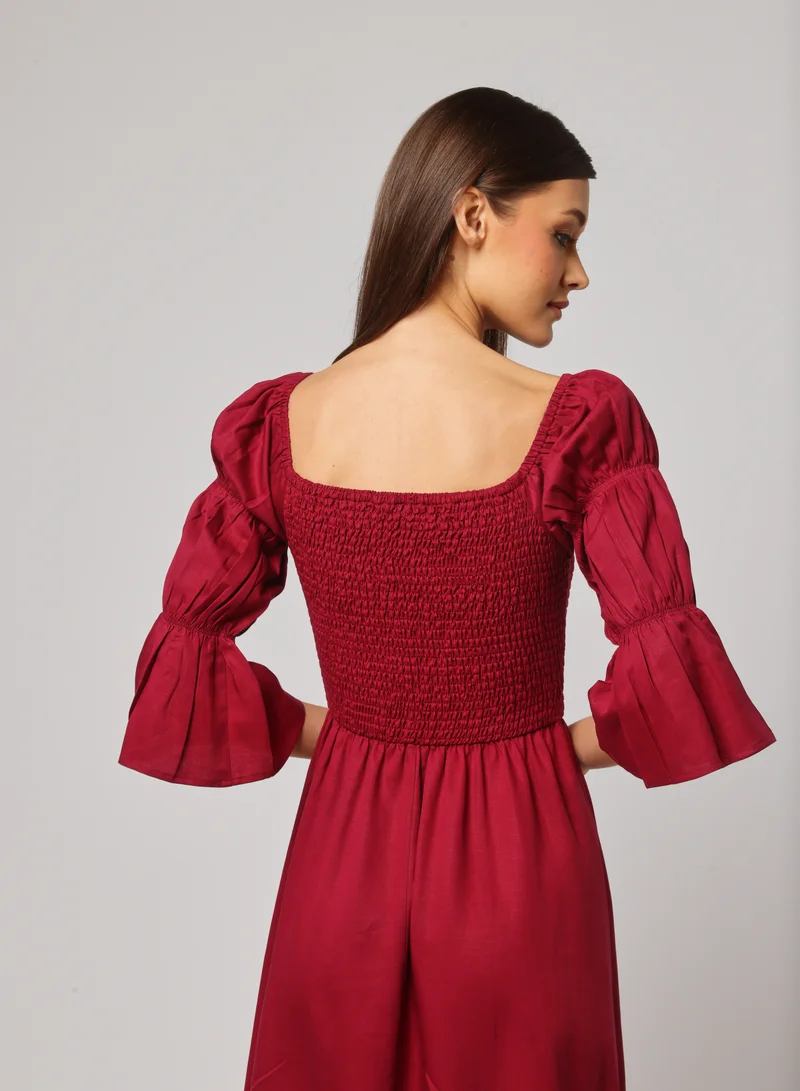أشيتا فرنانديز Ashita Fernandes Tanha dress for women – Deep Wine Red A-Line Midi Dress with Smocked Bodice &amp; Ruched Sleeves