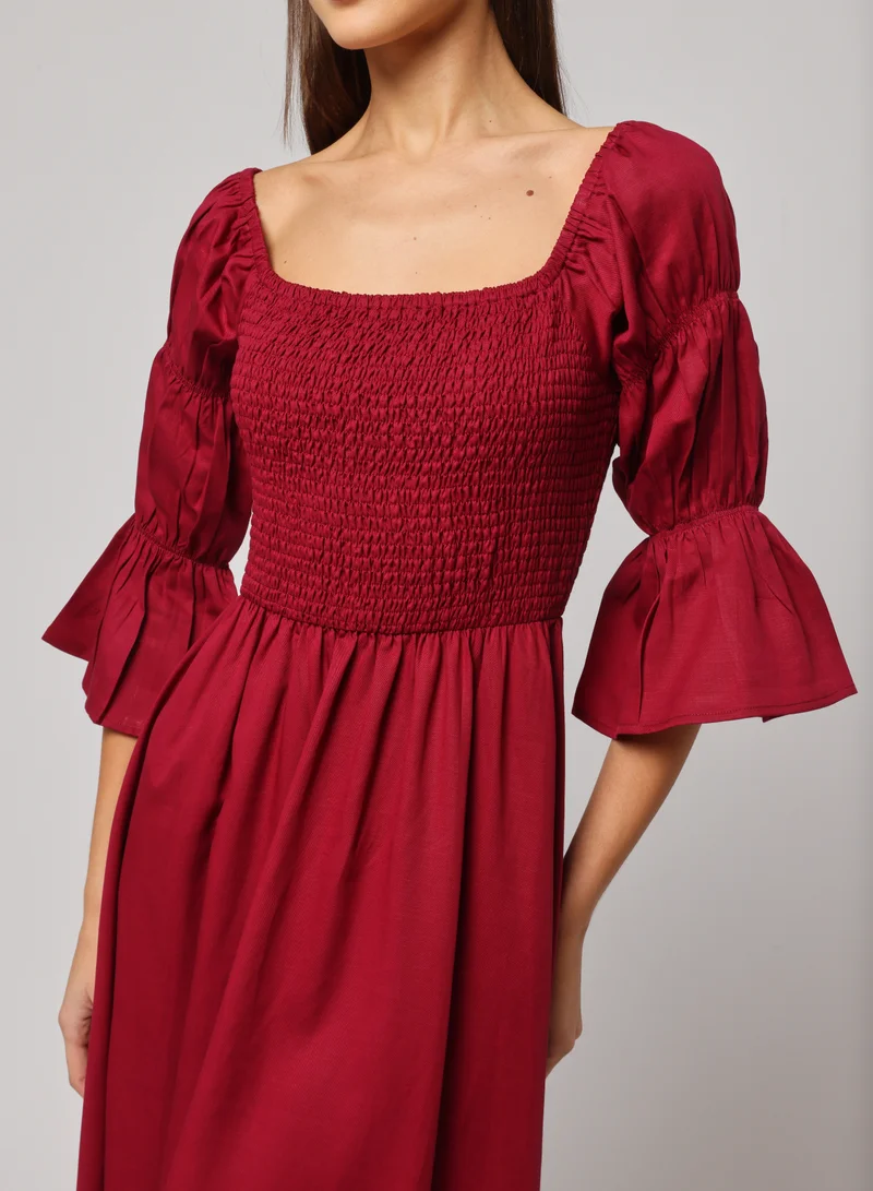 أشيتا فرنانديز Ashita Fernandes Tanha dress for women – Deep Wine Red A-Line Midi Dress with Smocked Bodice &amp; Ruched Sleeves