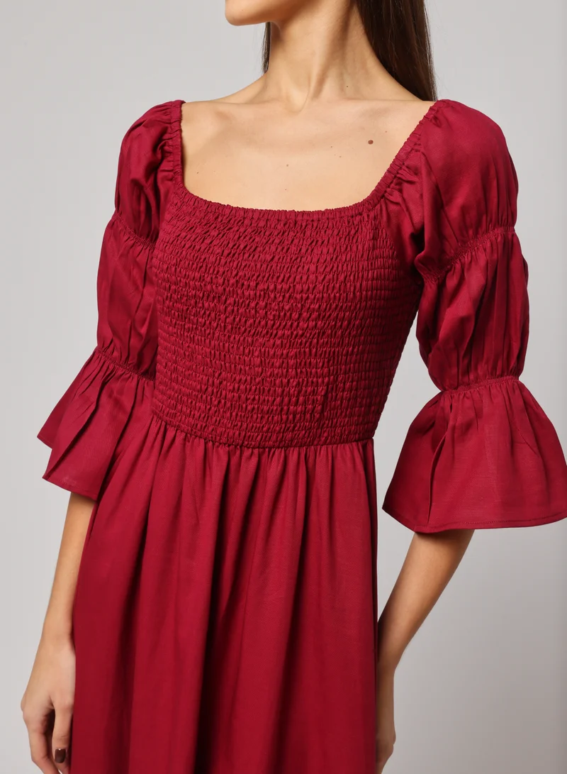 أشيتا فرنانديز Ashita Fernandes Tanha dress for women – Deep Wine Red A-Line Midi Dress with Smocked Bodice &amp; Ruched Sleeves
