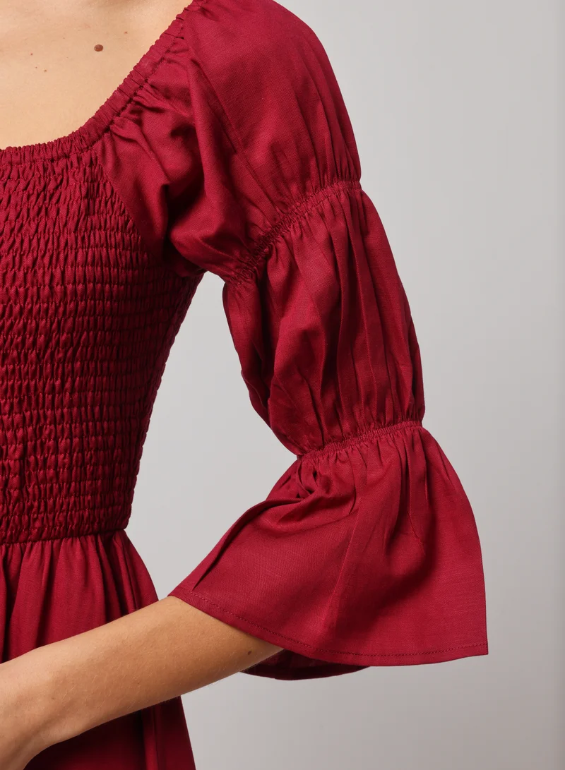 أشيتا فرنانديز Ashita Fernandes Tanha dress for women – Deep Wine Red A-Line Midi Dress with Smocked Bodice &amp; Ruched Sleeves