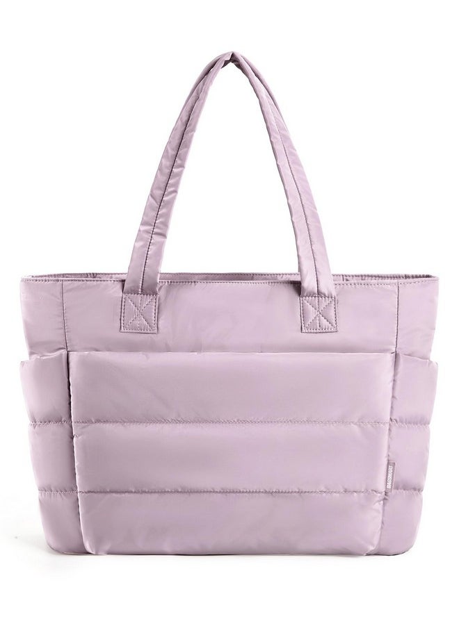 BAGSMART BAGSMART Tote Bag for Women, Lightweight Puffy Tote Bag with Compartments Shoulder Bag Handbag Quilted Shoulder Bag Handbag for Travel, Work, Beach, Gym, Shop(Pinkish-purple)  - Image 1