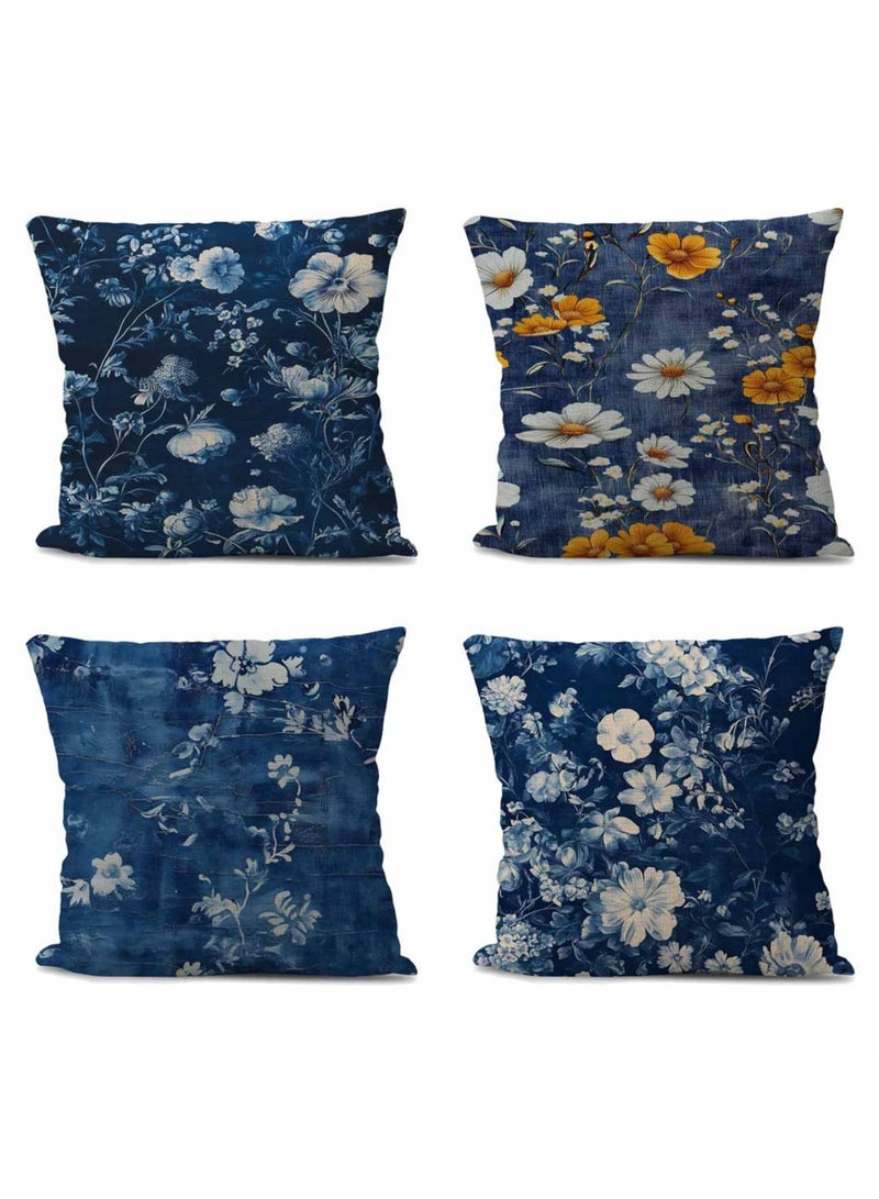 عام مجموعة من 4 قمصان مناديل بتصميم زهري، مصنوعة من الكتان، قمصان مناديل رفرفة للغرفة المعيشية أو على الأريكة. - Image 1