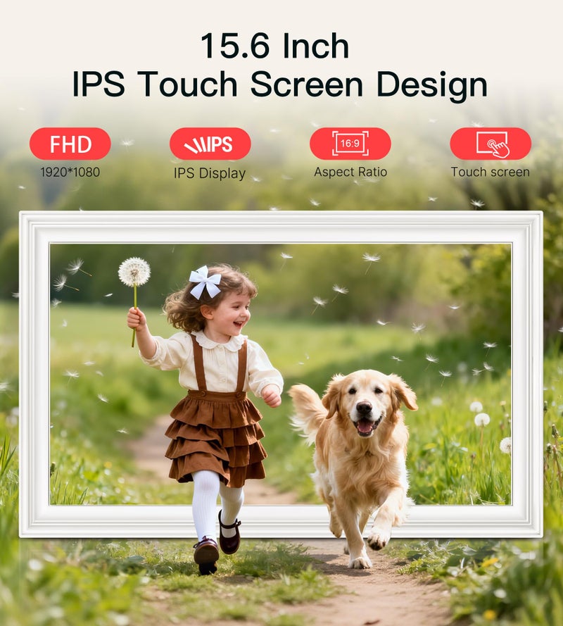 BIGASUO Digital Picture Frame 15.6" Frameo 64GB Large WiFi Electronic Photo Frames 1920 x 1080 IPS FHD Touch Screen Share Moments Instantly Anywhere Best Gifts for Parents and Grandparents White - Image 4