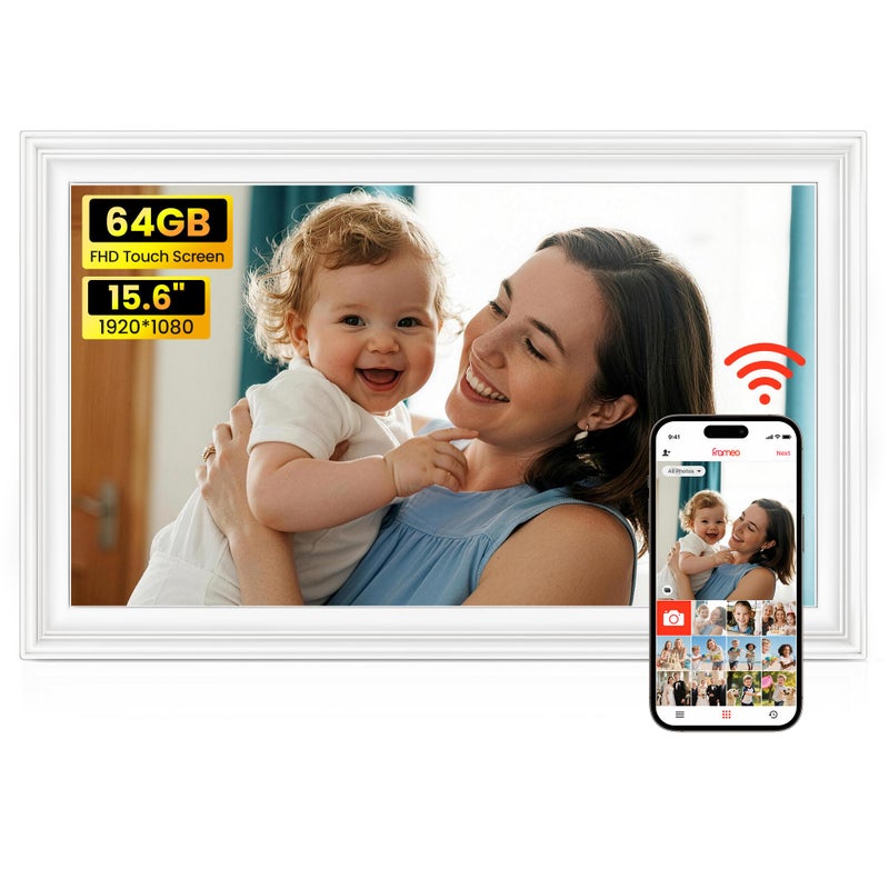 BIGASUO Digital Picture Frame 15.6" Frameo 64GB Large WiFi Electronic Photo Frames 1920 x 1080 IPS FHD Touch Screen Share Moments Instantly Anywhere Best Gifts for Parents and Grandparents White - Image 1