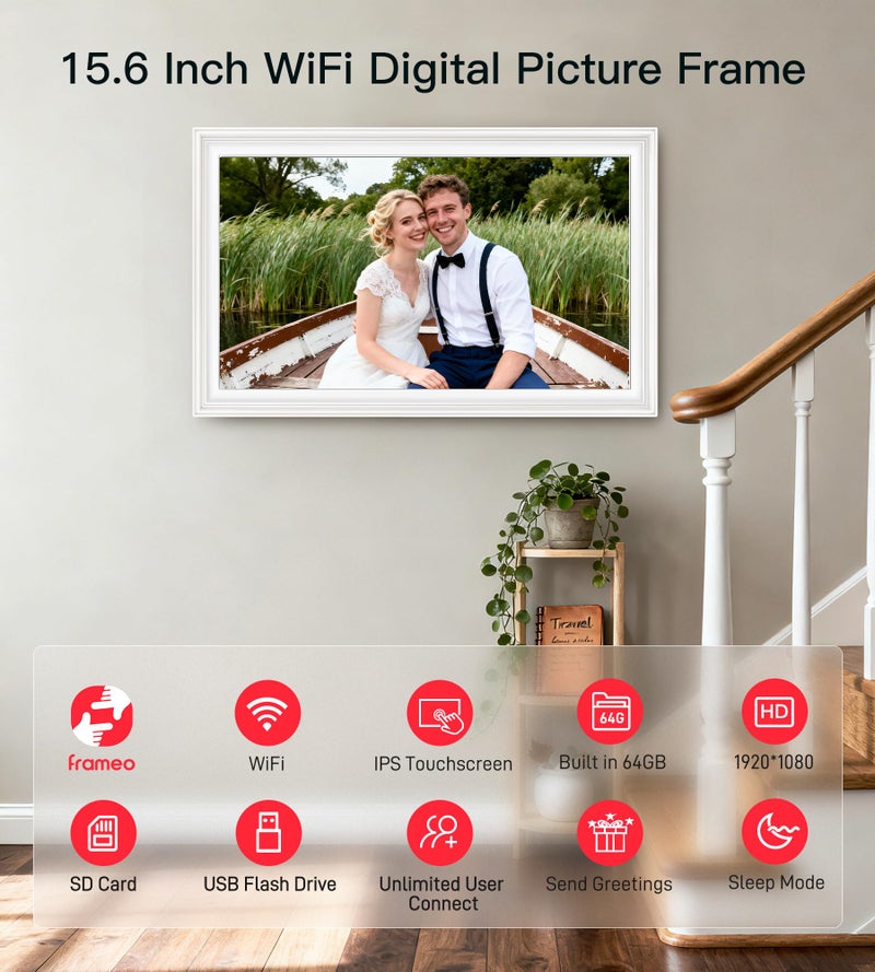 BIGASUO Digital Picture Frame 15.6" Frameo 64GB Large WiFi Electronic Photo Frames 1920 x 1080 IPS FHD Touch Screen Share Moments Instantly Anywhere Best Gifts for Parents and Grandparents White - Image 5