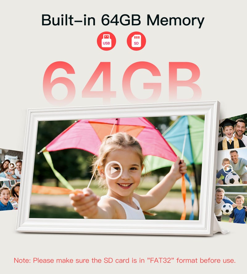 BIGASUO Digital Picture Frame 15.6" Frameo 64GB Large WiFi Electronic Photo Frames 1920 x 1080 IPS FHD Touch Screen Share Moments Instantly Anywhere Best Gifts for Parents and Grandparents White - Image 3