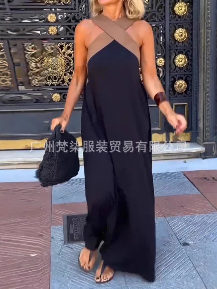 2025 Summer Explosions Independent Station Fashion Cross Neck Stitching Dress Loose Long Dress For Women