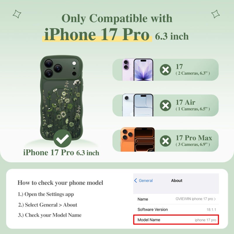 GVIEWIN for iPhone 17 Pro Case Compatible with MagSafe [Curly Wave Edge][Full Camera Protection]Floral Translucent Shockproof Magnetic Women Phone Case for iPhone 17 Pro 6.3'', Floratopia/Forest Green - Image 2