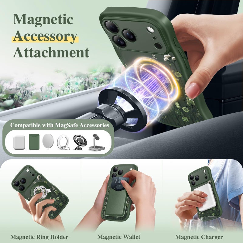 GVIEWIN for iPhone 17 Pro Case Compatible with MagSafe [Curly Wave Edge][Full Camera Protection]Floral Translucent Shockproof Magnetic Women Phone Case for iPhone 17 Pro 6.3'', Floratopia/Forest Green - Image 4