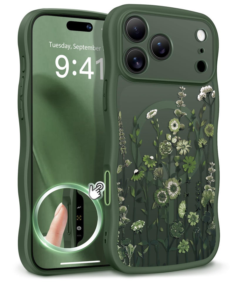 GVIEWIN for iPhone 17 Pro Case Compatible with MagSafe [Curly Wave Edge][Full Camera Protection]Floral Translucent Shockproof Magnetic Women Phone Case for iPhone 17 Pro 6.3'', Floratopia/Forest Green - Image 1