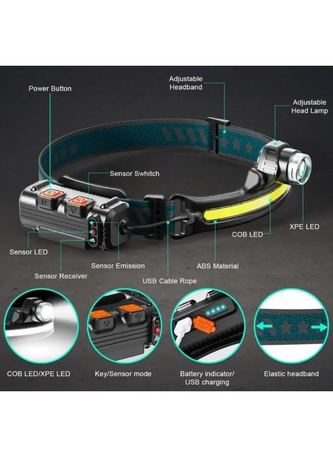 USB Rechargeable Safety Warning Induction Flashlight Headlights Waterproof Running Lighting W6782