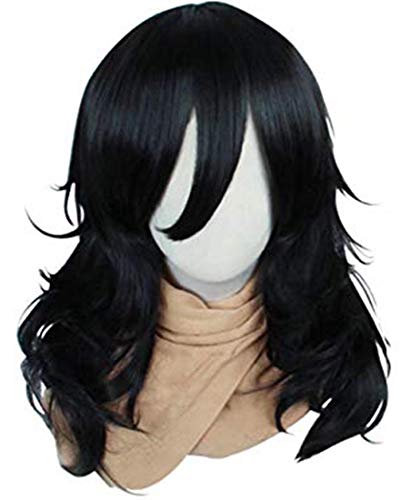 ANOGOL Hair CapBlack Long Wavy Wig with Bangs Black Synthetic Hair For Women Men Dress Up Wig For Anime Cartoon Costume Party For Halloween For Christmas