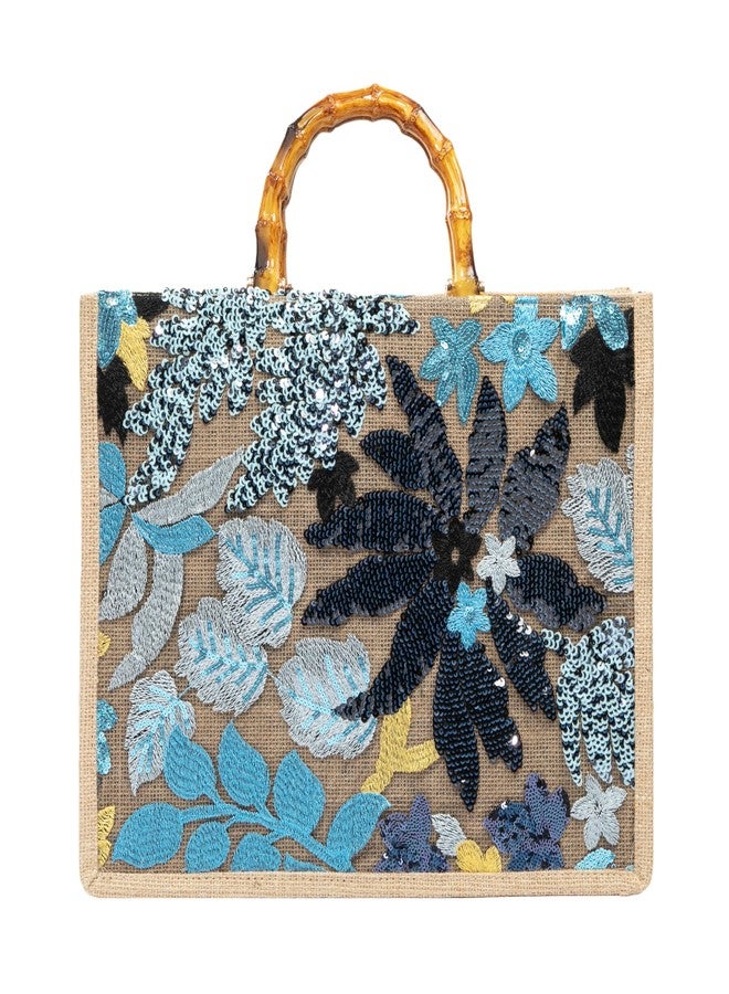 Abvokury Bamboo Handle Sequin Embroidered Floral Tote Bag Evening Handbag for Wedding Party (DarkBlue) - Image 1