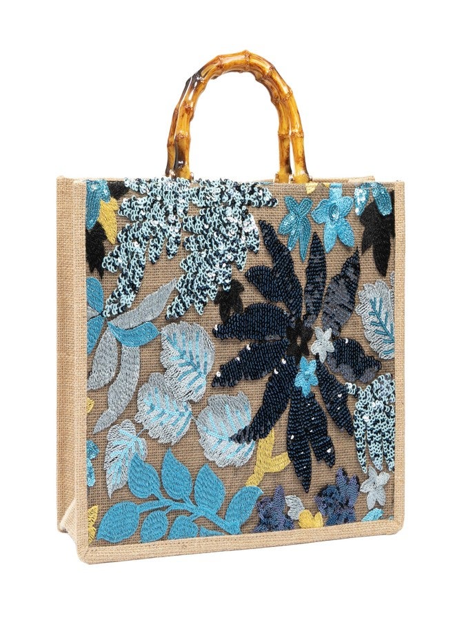 Abvokury Bamboo Handle Sequin Embroidered Floral Tote Bag Evening Handbag for Wedding Party (DarkBlue) - Image 3