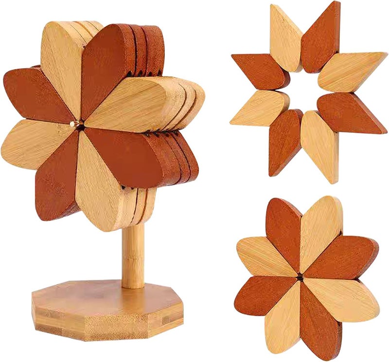 DEOLD حامل أكواب خشبي، قاعدة للأطباق الساخنة، قاعدة للقدر الساخن والمقلاة ذات القاع المسطح، حامل أكواب خشبي على شكل طاحونة هوائية - 3 أو 4 أو 5 حصائر خشبية + 1 حامل (حصائر طاحونة هوائية 4 قطع) - Image 1