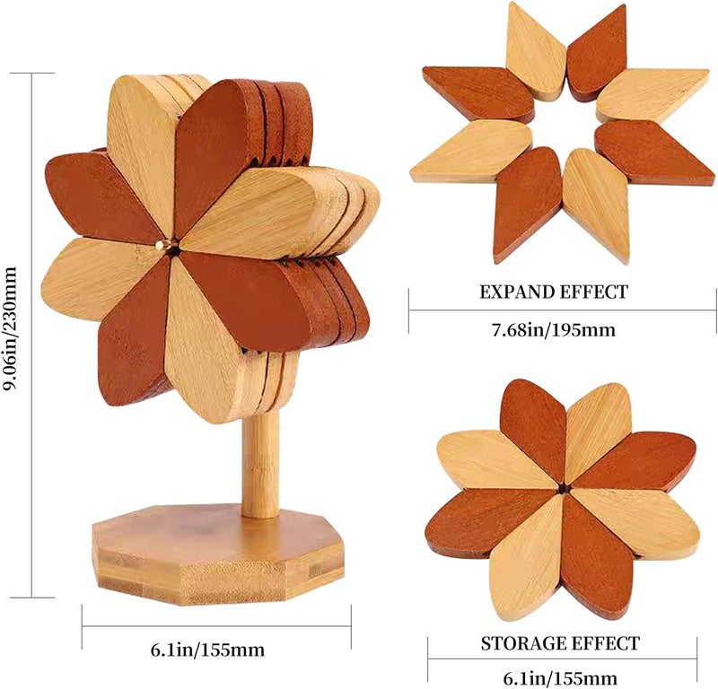 DEOLD حامل أكواب خشبي، قاعدة للأطباق الساخنة، قاعدة للقدر الساخن والمقلاة ذات القاع المسطح، حامل أكواب خشبي على شكل طاحونة هوائية - 3 أو 4 أو 5 حصائر خشبية + 1 حامل (حصائر طاحونة هوائية 4 قطع) - Image 2