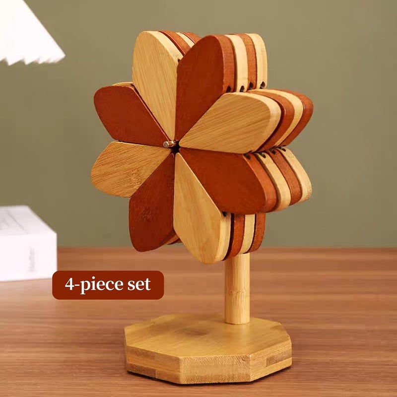 DEOLD حامل أكواب خشبي، قاعدة للأطباق الساخنة، قاعدة للقدر الساخن والمقلاة ذات القاع المسطح، حامل أكواب خشبي على شكل طاحونة هوائية - 3 أو 4 أو 5 حصائر خشبية + 1 حامل (حصائر طاحونة هوائية 4 قطع) - Image 3