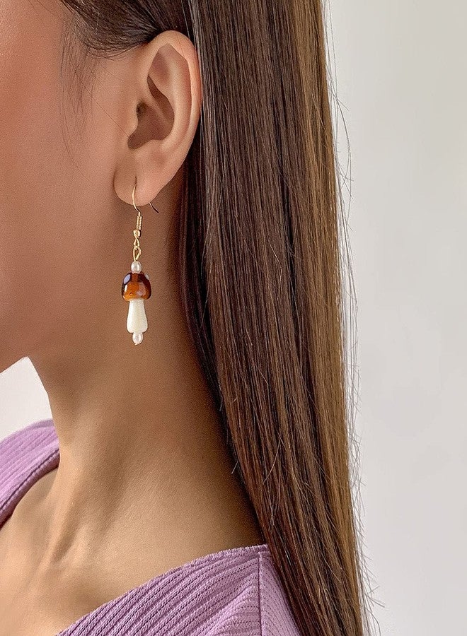 MIFYNN Cute Colorful Mushroom Dangle Earrings Creative 3D Simulation Mushroom Pearl Drop Earrings Handmade Funny Food Vegetable Mushroom Earrings for Women (Brown) - Image 2