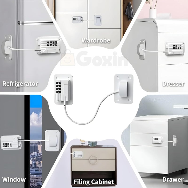 GOXIN Child Safety Refrigerator Lock - Strong Adhesive Cable Lock for Fridge, Freezer, Cabinet, Drawer, Window & Door | Baby & Toddler Proof Locking Device for Home Safety (White, Pack of 2) - Image 3