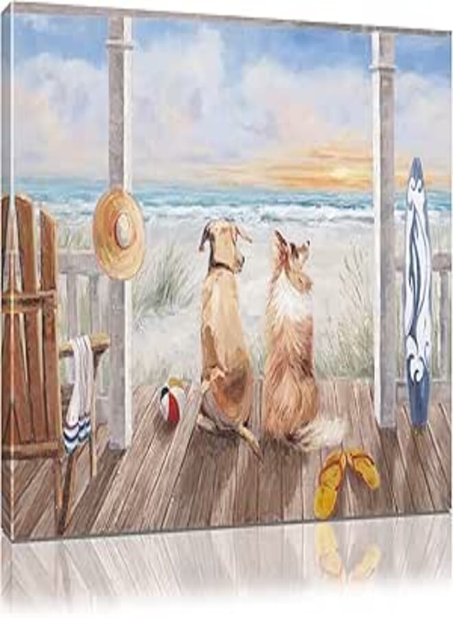 kisswen Beach Wall Art Dog Pictures for Living Room Ocean Prints Canvas Decorations Coastal Paintings Decor Animal Rustic Landscape Abstract Artwork Bedroom Modern Décor Framed 16X24in