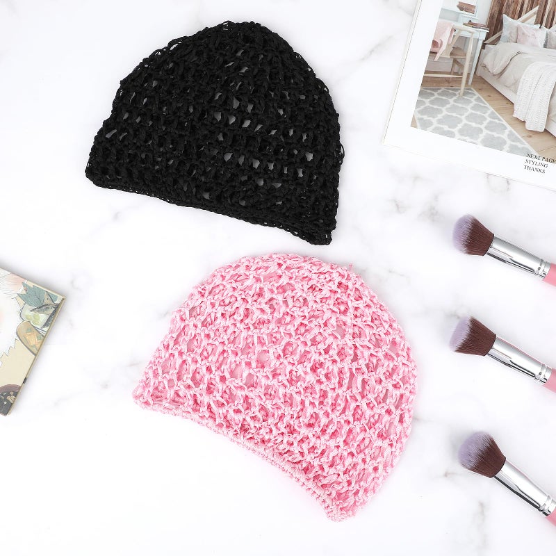 WLLHYF Wig Cap Thick Long Hair Caps Adjustable Elastic Net Anti-Slip Mesh Braided Weaving Making Crochet Sew Weave Fishnet Part Grip Headband Hat Women(Black/Pink) - Image 4