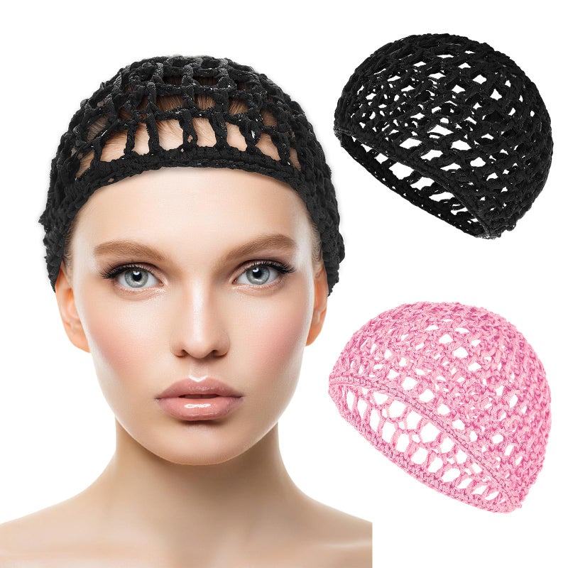 WLLHYF Wig Cap Thick Long Hair Caps Adjustable Elastic Net Anti-Slip Mesh Braided Weaving Making Crochet Sew Weave Fishnet Part Grip Headband Hat Women(Black/Pink) - Image 1