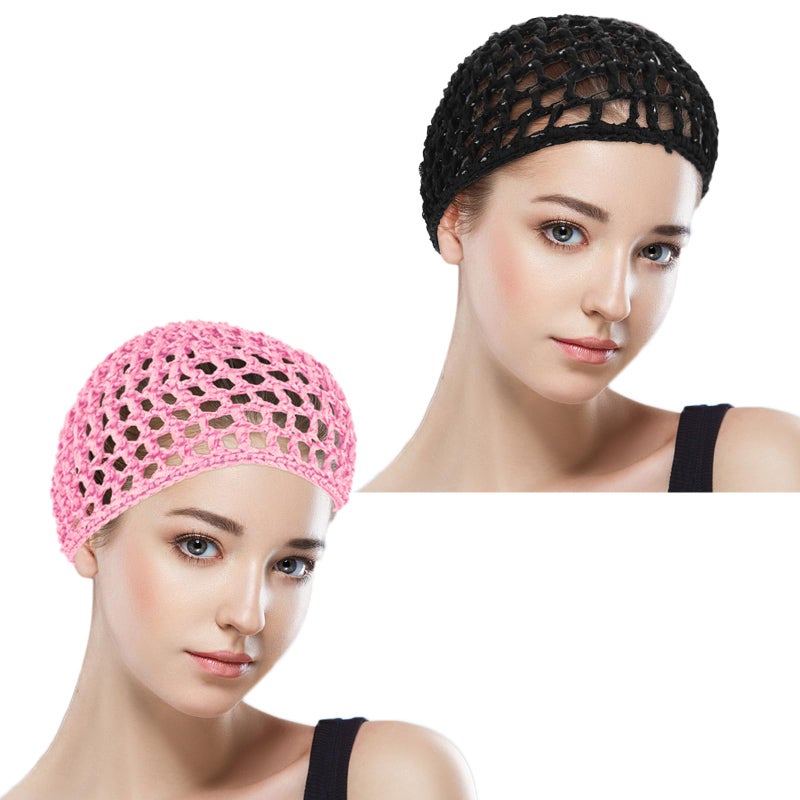 WLLHYF Wig Cap Thick Long Hair Caps Adjustable Elastic Net Anti-Slip Mesh Braided Weaving Making Crochet Sew Weave Fishnet Part Grip Headband Hat Women(Black/Pink) - Image 3
