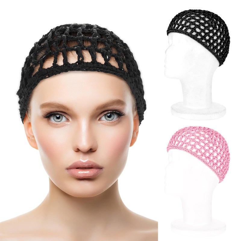 WLLHYF Wig Cap Thick Long Hair Caps Adjustable Elastic Net Anti-Slip Mesh Braided Weaving Making Crochet Sew Weave Fishnet Part Grip Headband Hat Women(Black/Pink) - Image 2