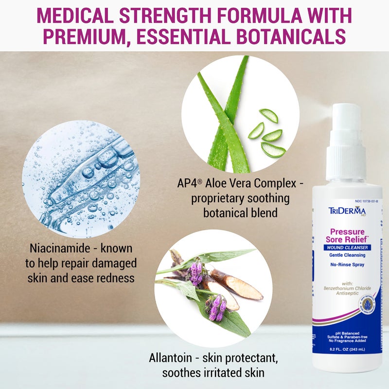 تراي ديرما Pressure Sore Relief Wound Cleanser, Gentle Cleansing for Bed Sores, Ulcers, Pressure Sores, Wounds and Hard-to-Heal Skin Sores with AP4 Aloe Vera and Niacinamide, Fragrance Free 8.2 oz Spray - Image 4