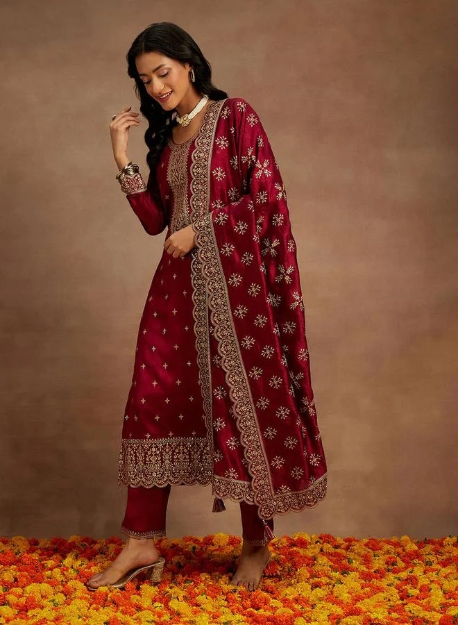 Libas Libas Embroidered Straight Kurta and Solid Trousers with Dupatta Set