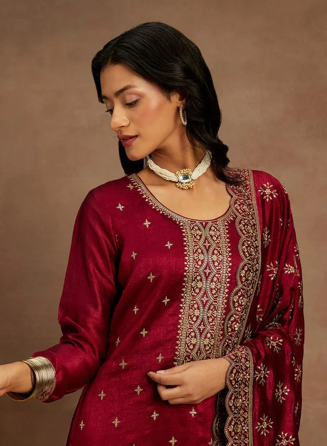 Libas Libas Embroidered Straight Kurta and Solid Trousers with Dupatta Set