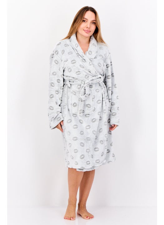 Women Allover Print Belted Bath Robes, Grey